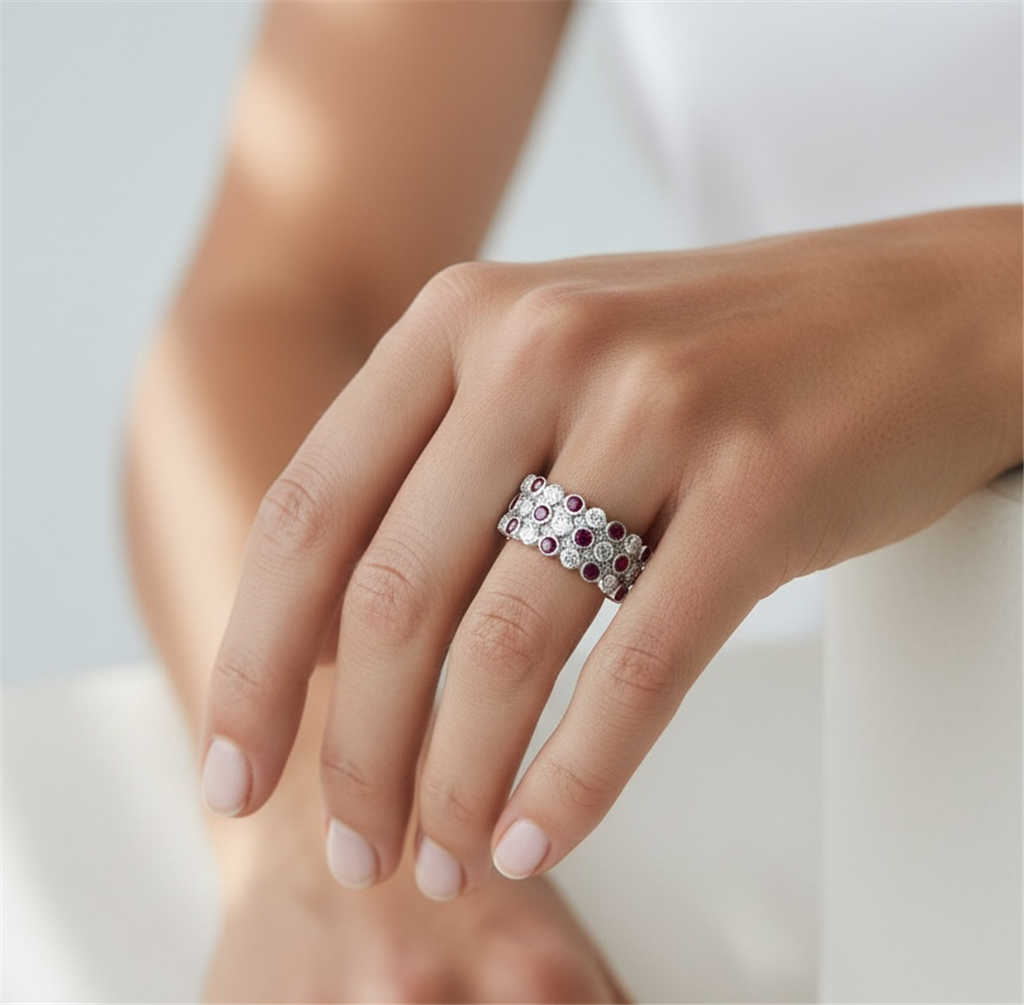 18K White Gold Diamond & Ruby Circle Fashion Ring | 1.58 CTW