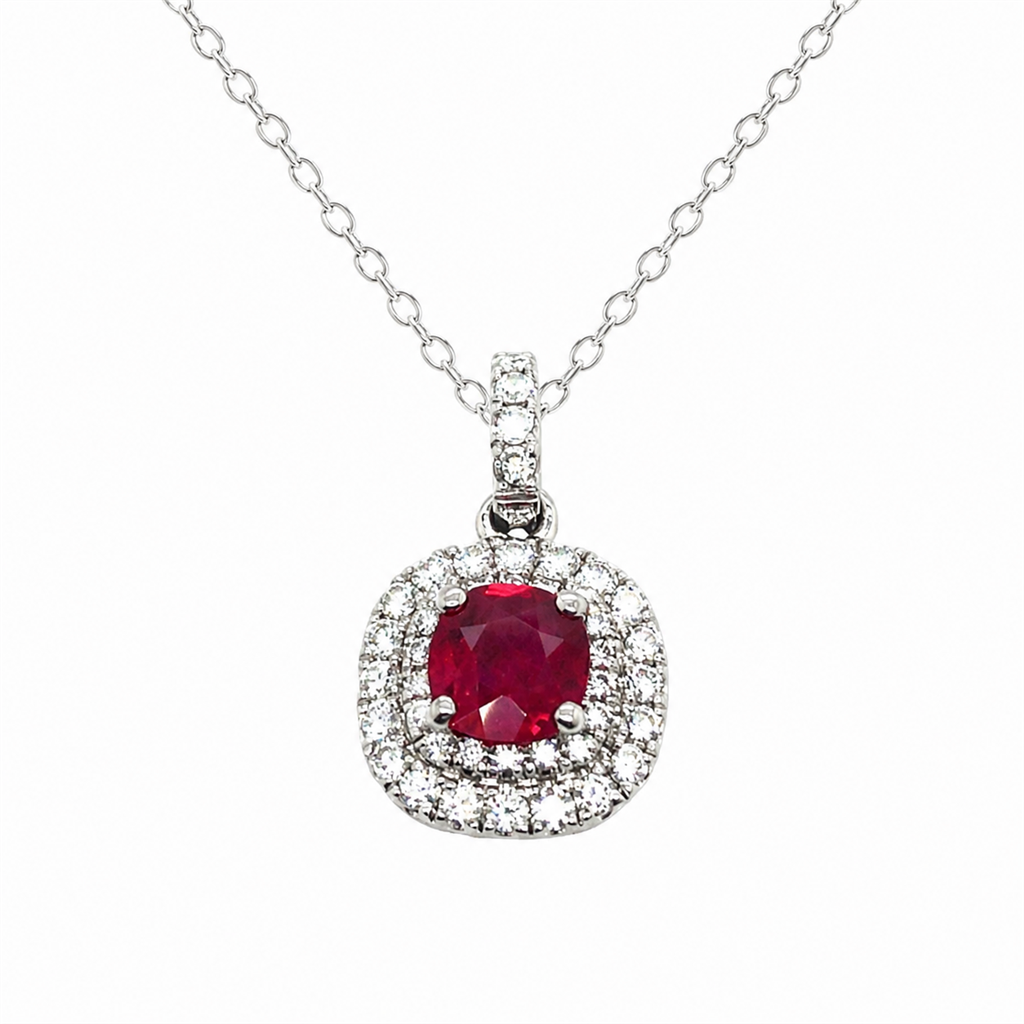 14K White Gold Ruby & Diamond Double Halo Pendant