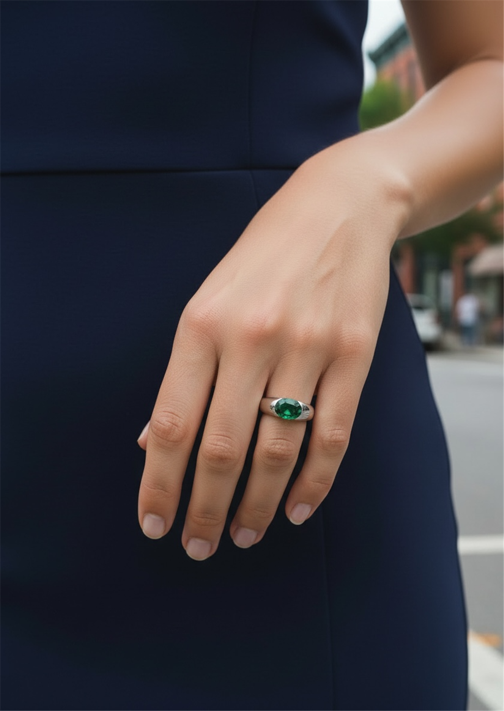 Platinum Oval Emerald Ring with Hidden Diamond Detail
