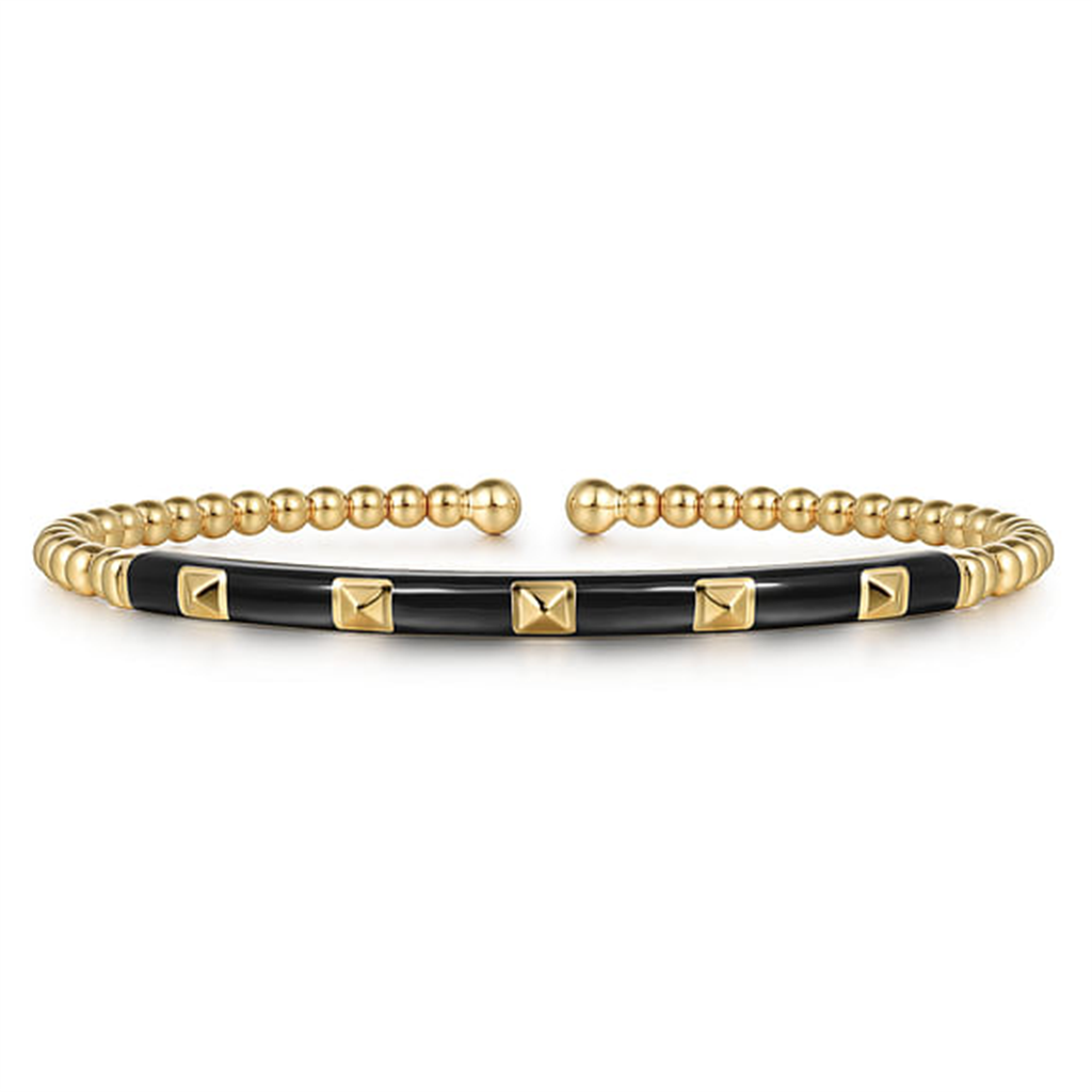 14 Kt Yellow Gold Bujukan Beads and Pyramid Bangle with Black Enamel Bracelet