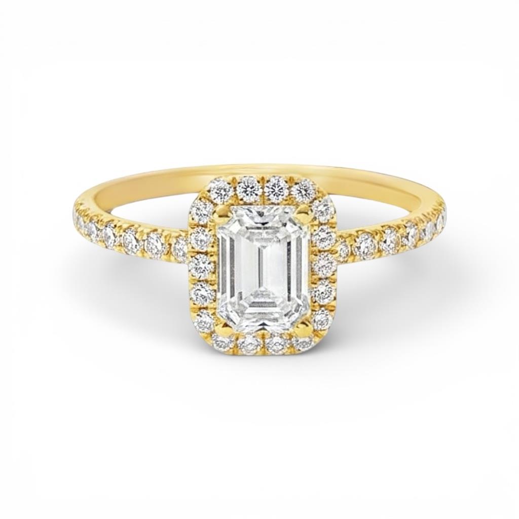 14KT Yellow Gold Emerald Cut Diamond Halo Engagement Ring