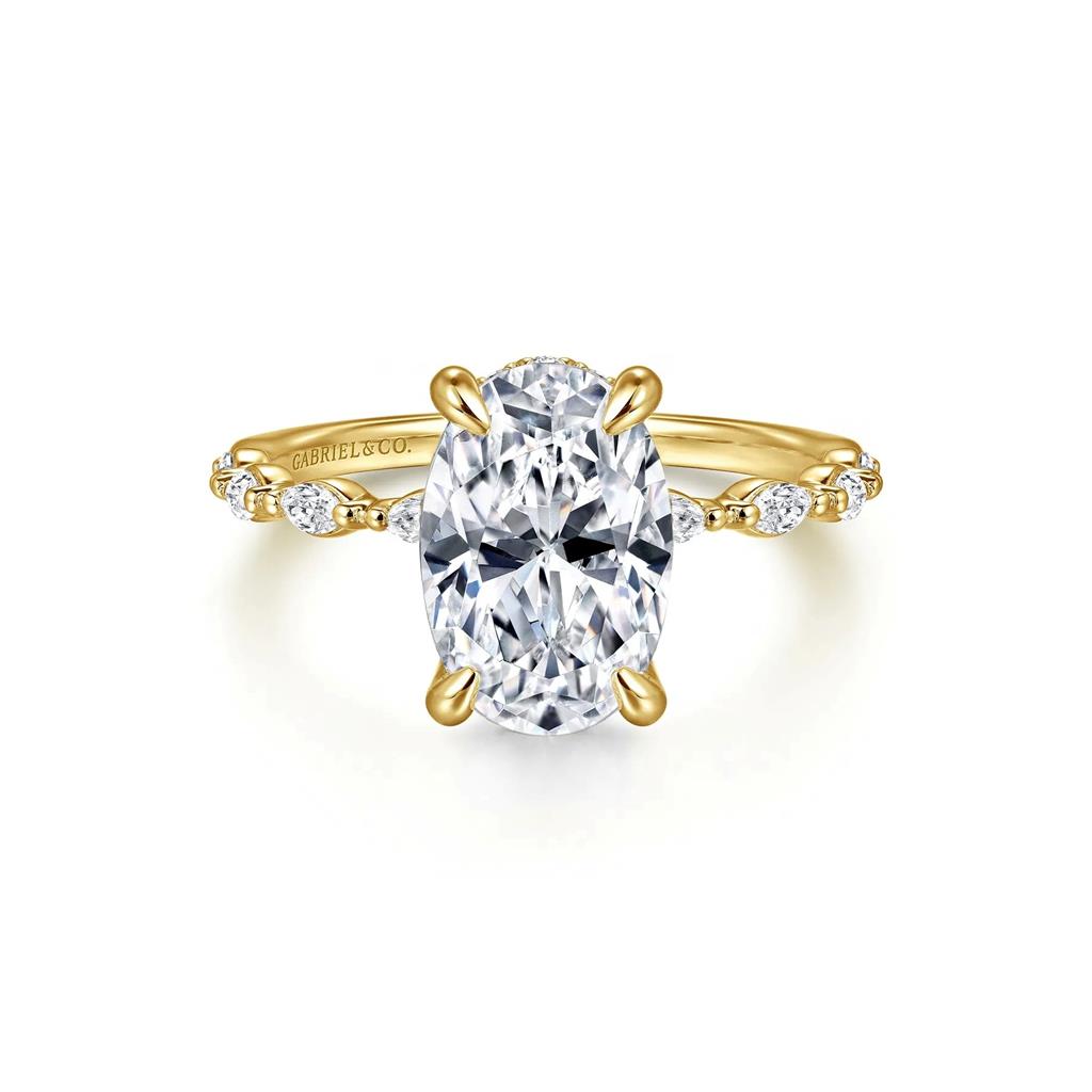 14K Yellow Gold Oval Hidden Halo Diamond Semi-Mount Engagement Ring