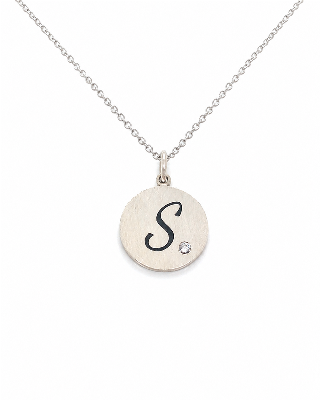 Sterling Silver 16mm Brushed Initial “S” Disc Pendant with Flush-Set Diamond