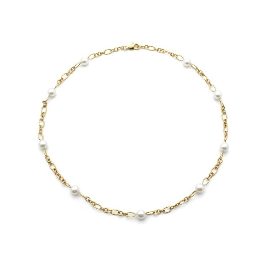 14K Yellow Gold Fancy Link Pearl Station Necklace | 17.5"