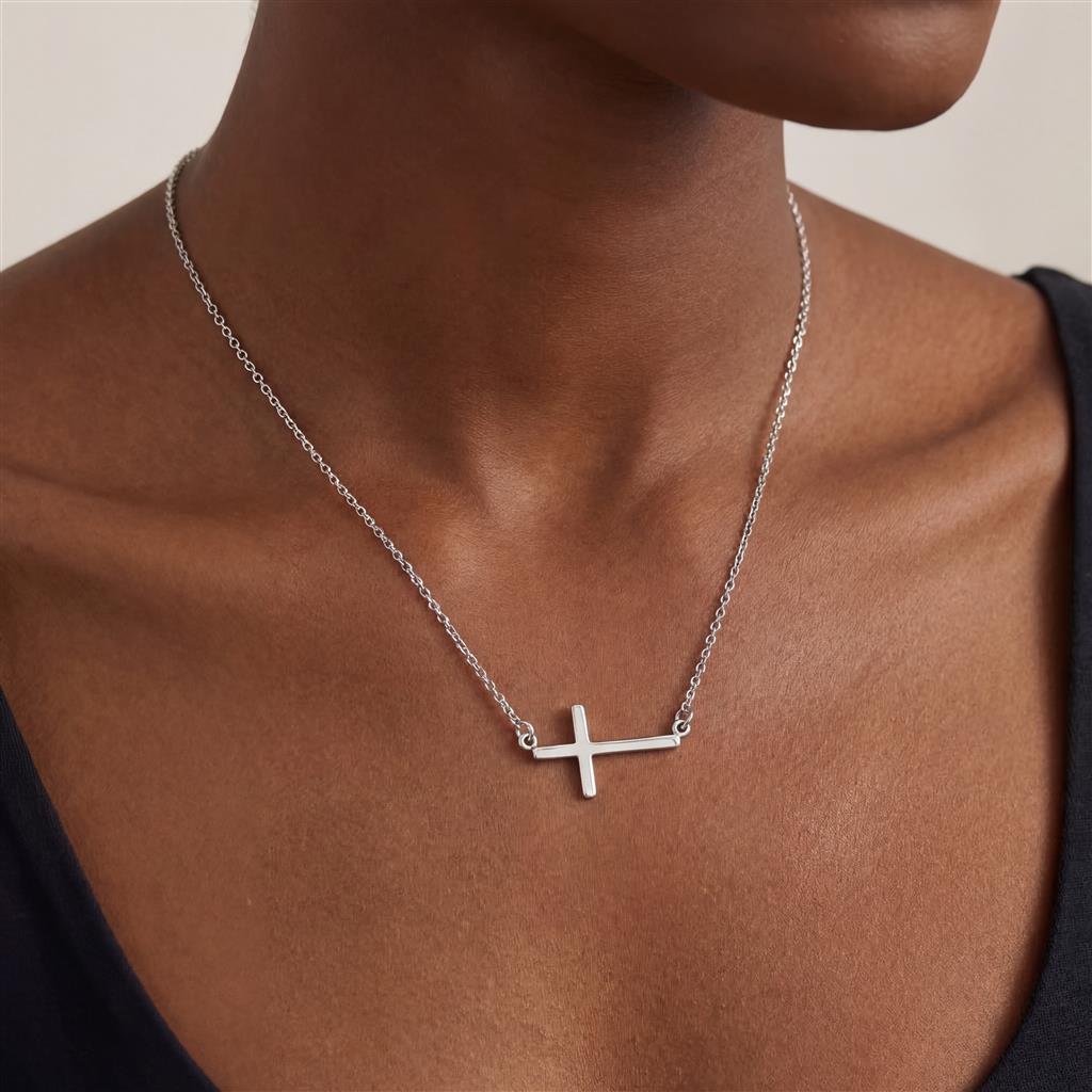 Sterling Silver 22x11.5mm Sideways Cross Necklace