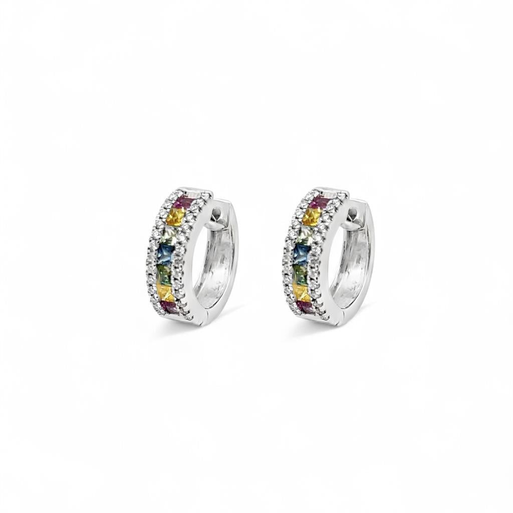18KT White Gold Multi Colored Sapphire and Diamond Huggie Hoop Earrings