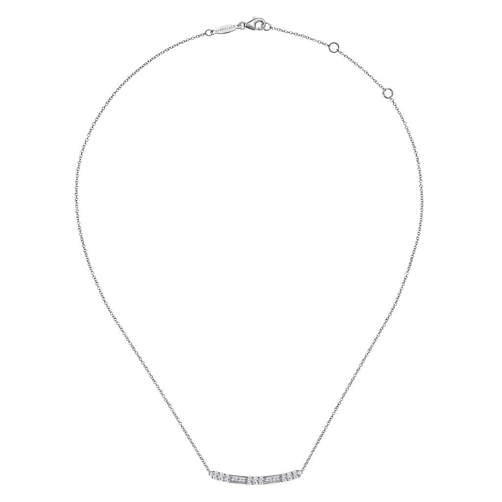 14K White Gold Curved Bar Diamond Necklace