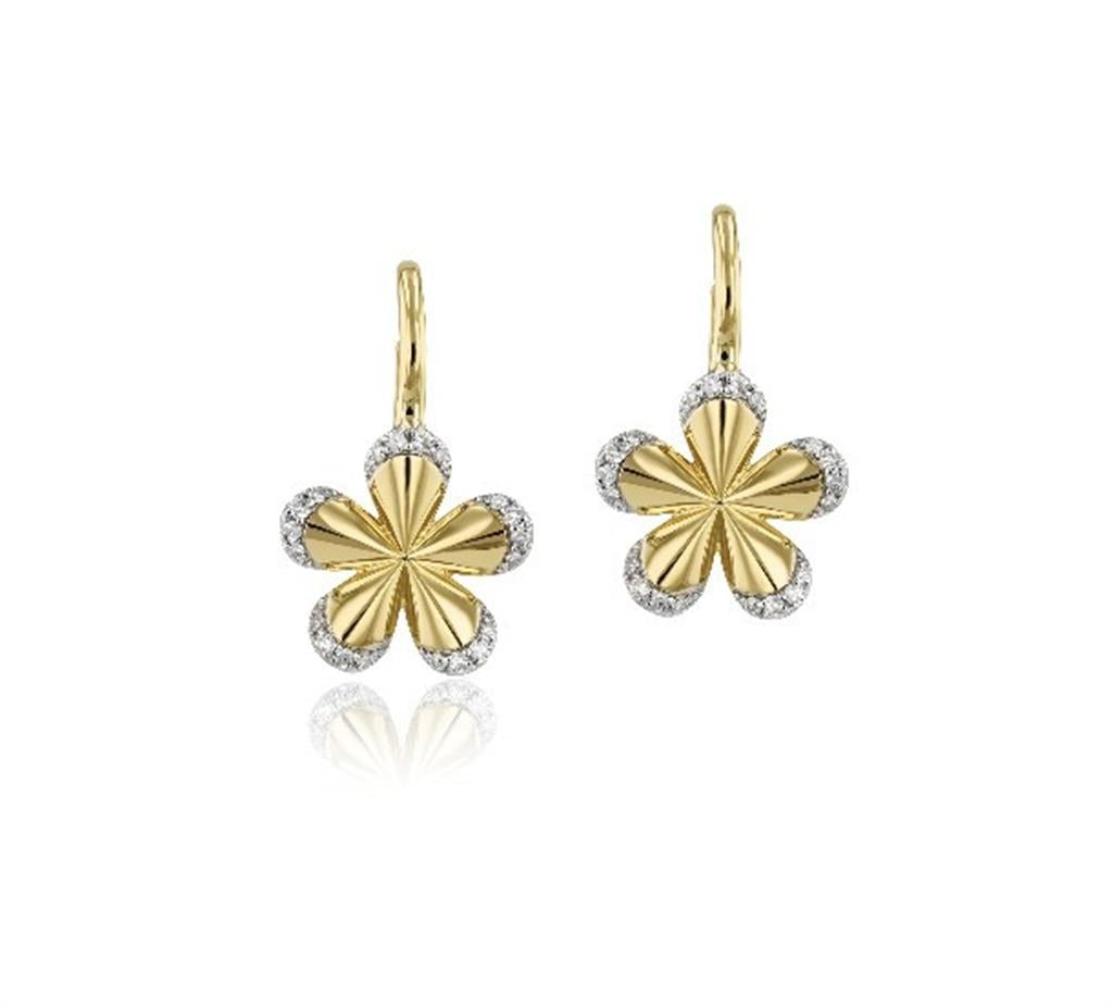 14KT Yellow Gold Pave Diamond Edge Forget-Me-Not Small Leverback Earrings