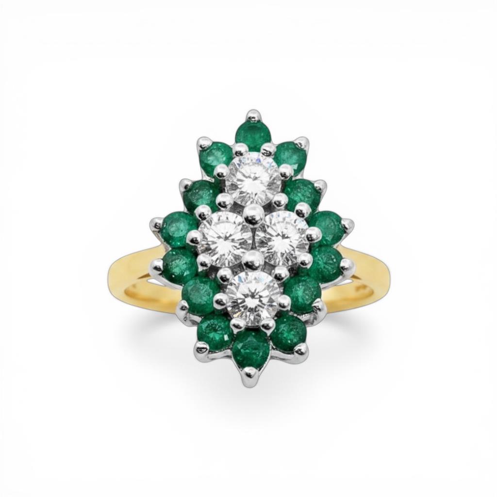 14KT Two-Tone Diamond Cluster And Emerald Halo Ring