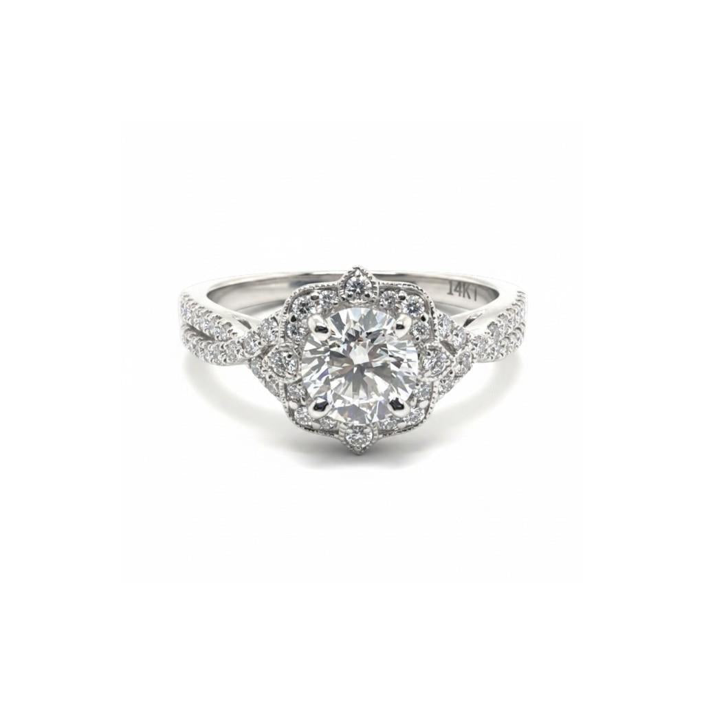 14K White Gold Vintage Halo Diamond Engagement Ring | 0.91ct Round