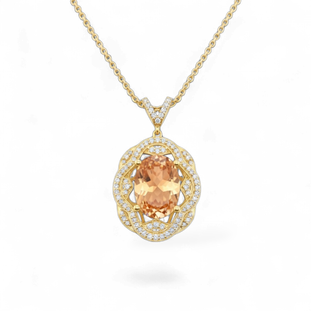14K Yellow Gold Oval Imperial Topaz and Diamond Floral Pendant