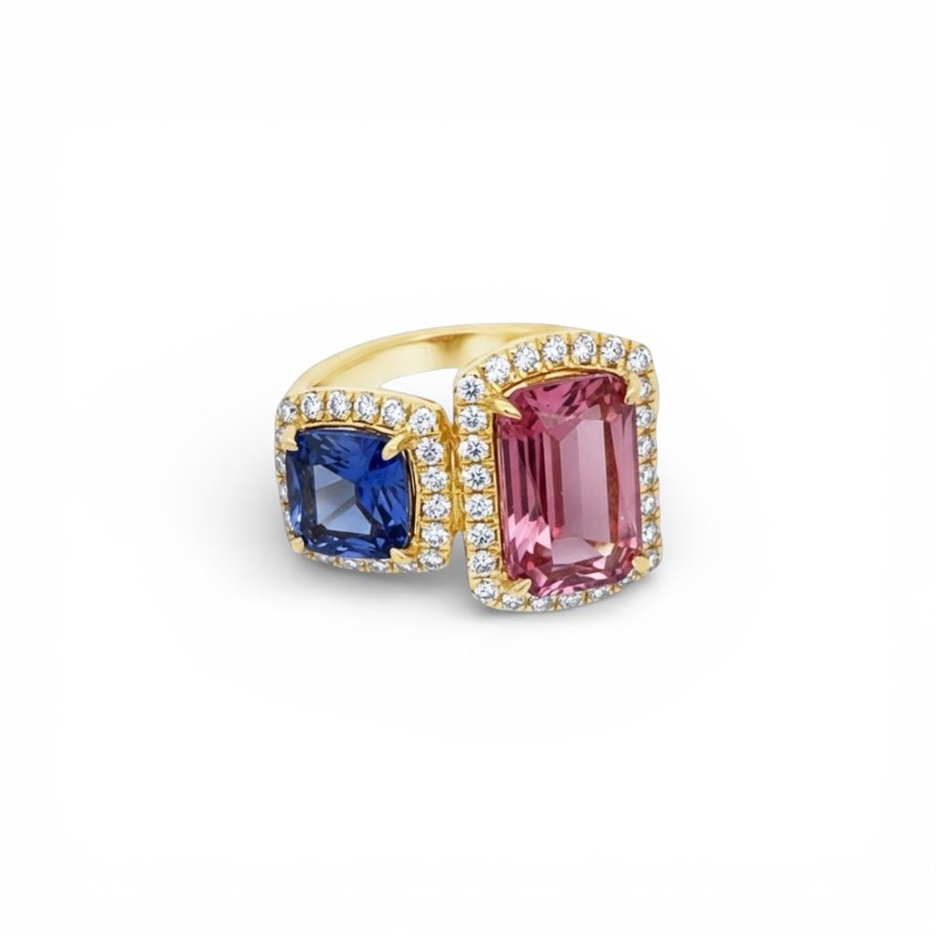 14KT Yellow Gold Watermelon Tourmaline and Tanzanite Toi Et Moi Ring
