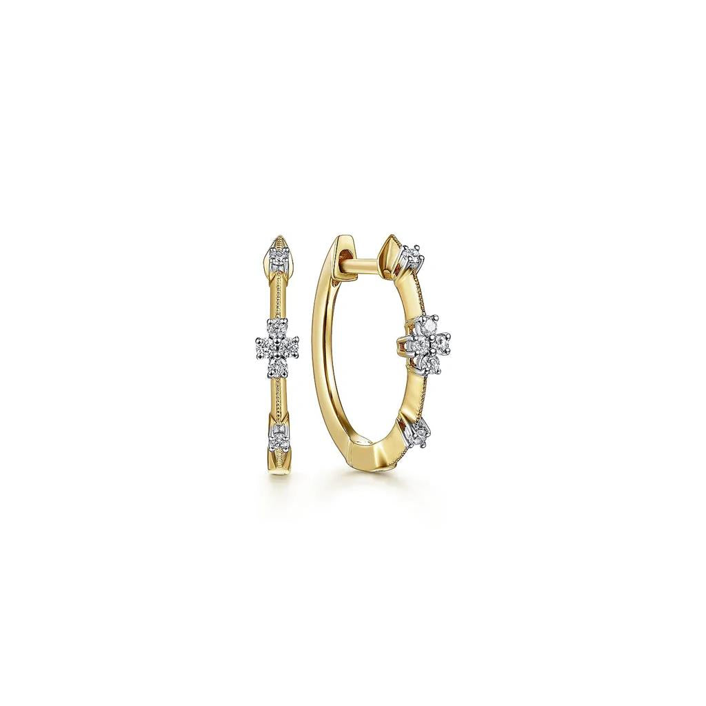 14 Kt Yellow Gold Diamond Station Huggie Hoop Earrings