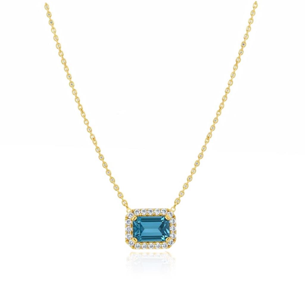 14kt Yellow Gold London Blue Topaz & Diamond Emerald-Cut Halo Pendant Necklace – 15–17"