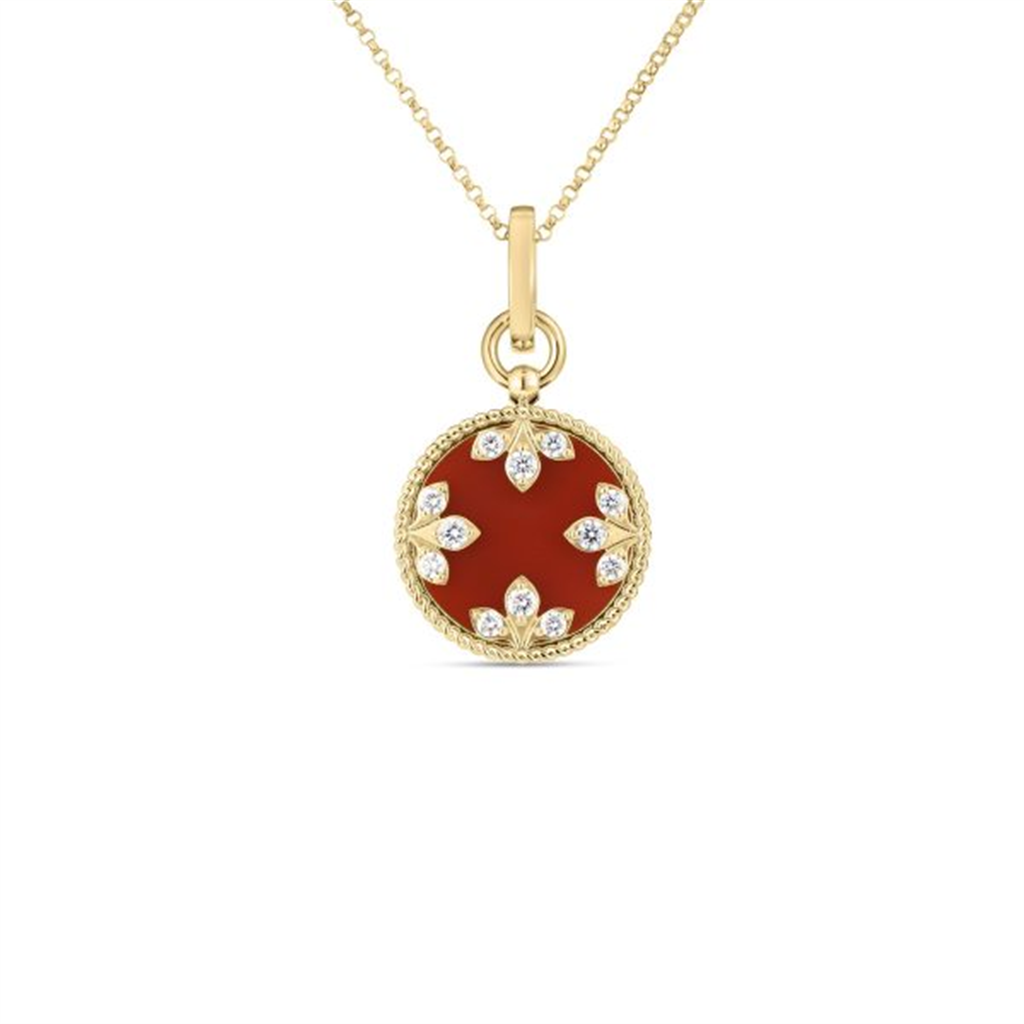 18KT Yellow Gold Venetian Medallions 18mm Diamond & Red Agate Pendant Necklace