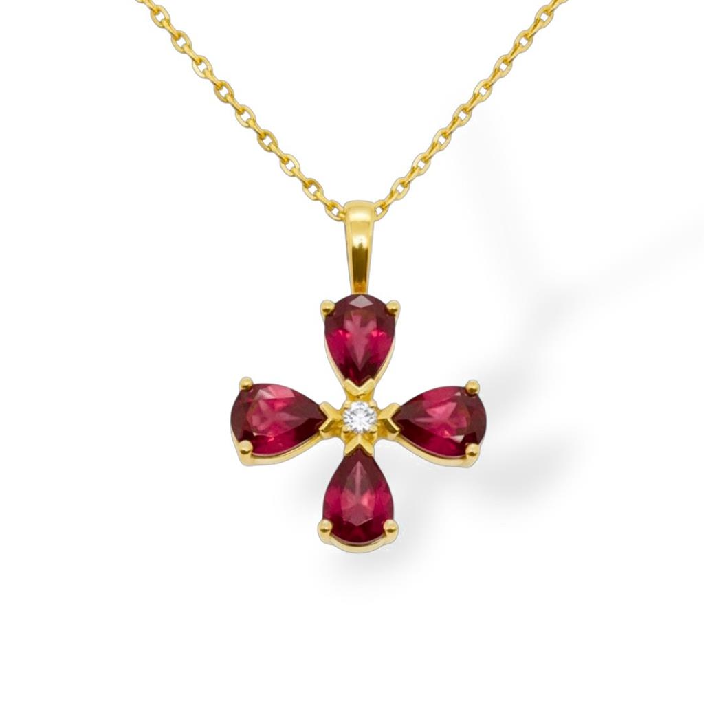 14Kt Yellow Gold Ruby And Diamond Flower Pendant