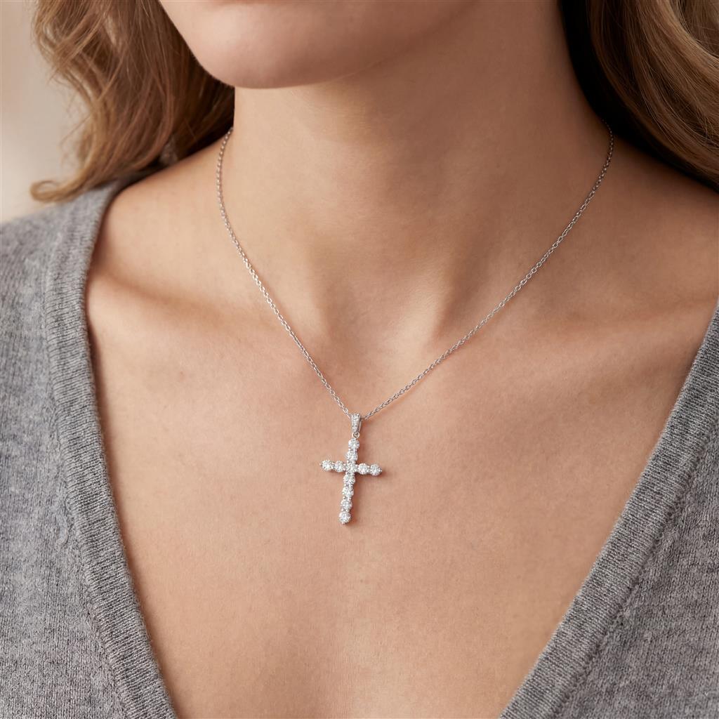 18kt White Gold Diamond Bail Cross Pendant (1.01ct, 17 Diamonds)