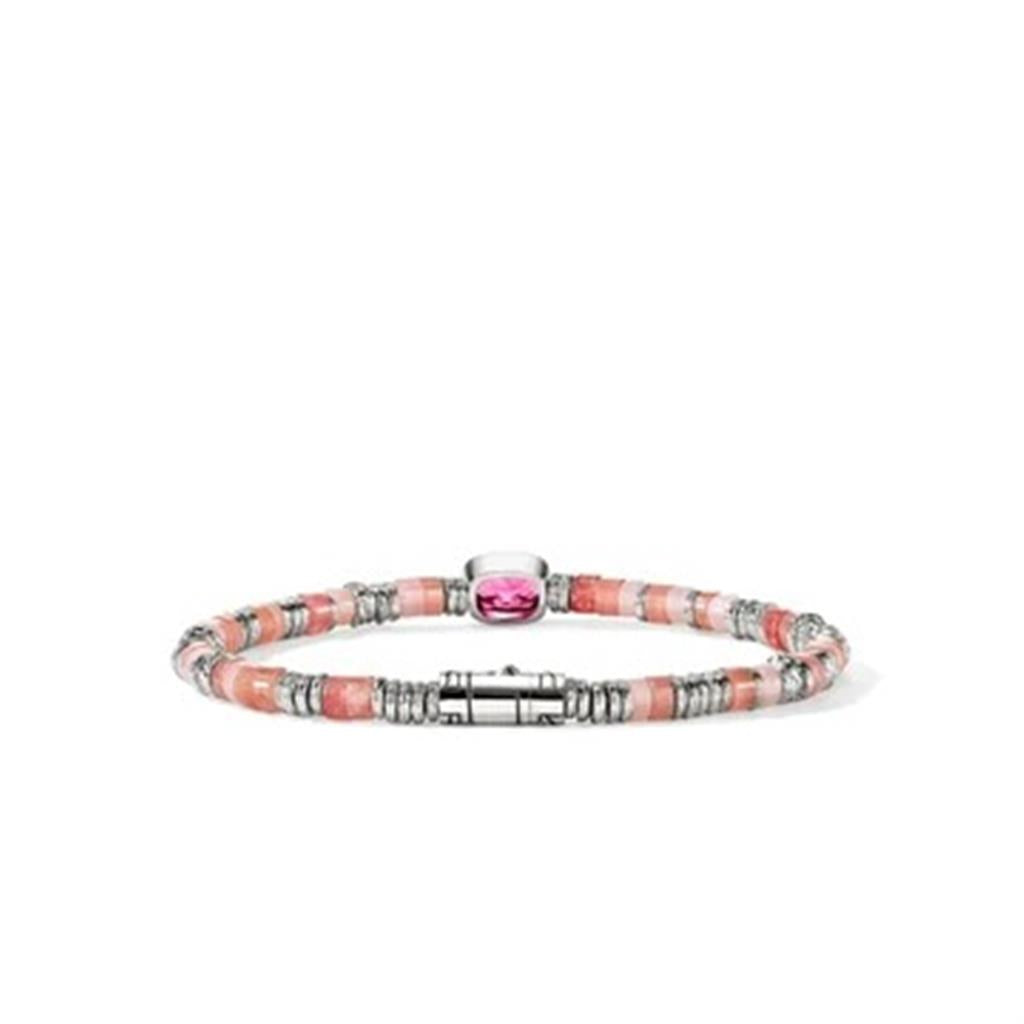 Sterling Silver 4mm Rhodolite Heishi Beaded Bracelet with Red Quartz, Rhodochrosite, Pink Opal & Sterling Silver Beads – Size UM