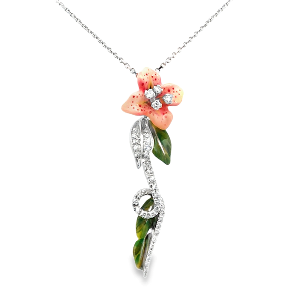 18kt White Gold Enameled Diamond Flower Pendant Necklace – 16"