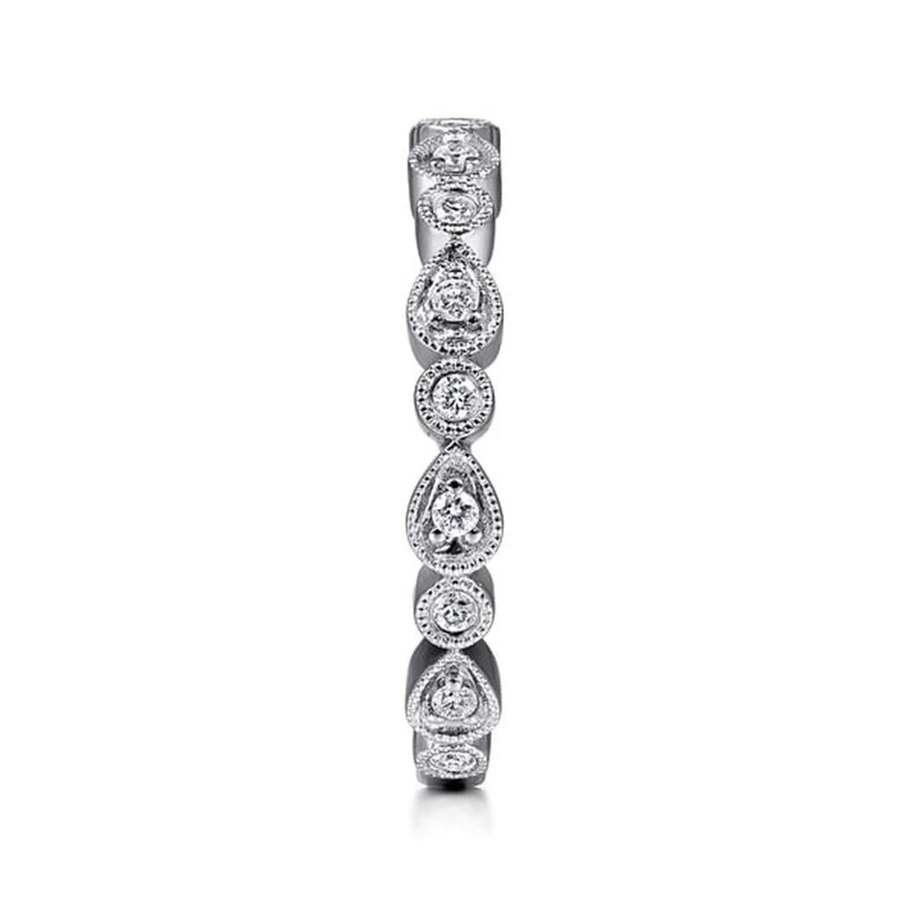 14 Kt White Gold Pear and Round Diamond Stackable Ring side view
