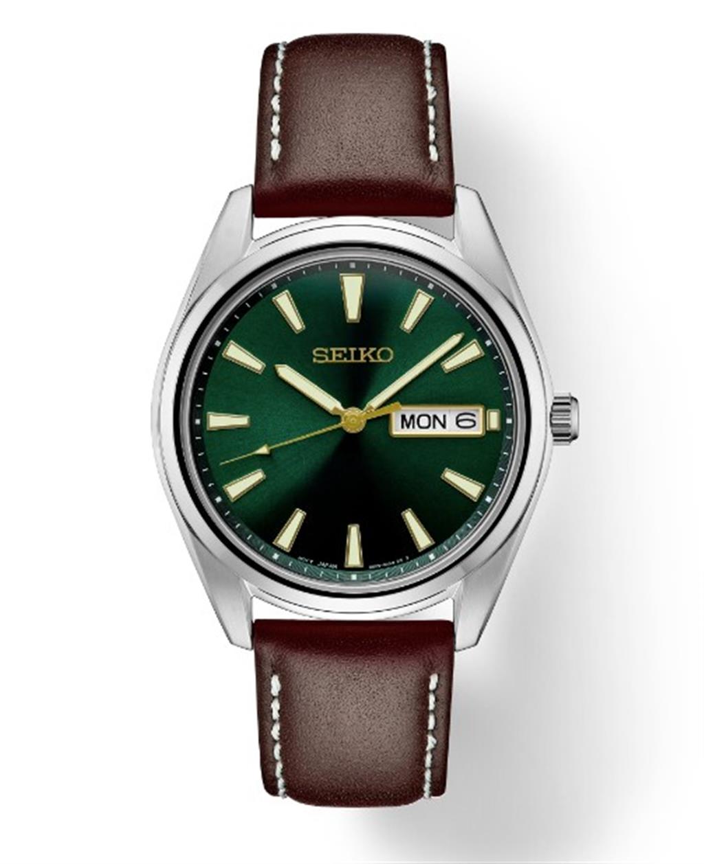 Seiko Essentials SUR449 40.2mm Stainless Steel Green Dial Leather Strap Watch