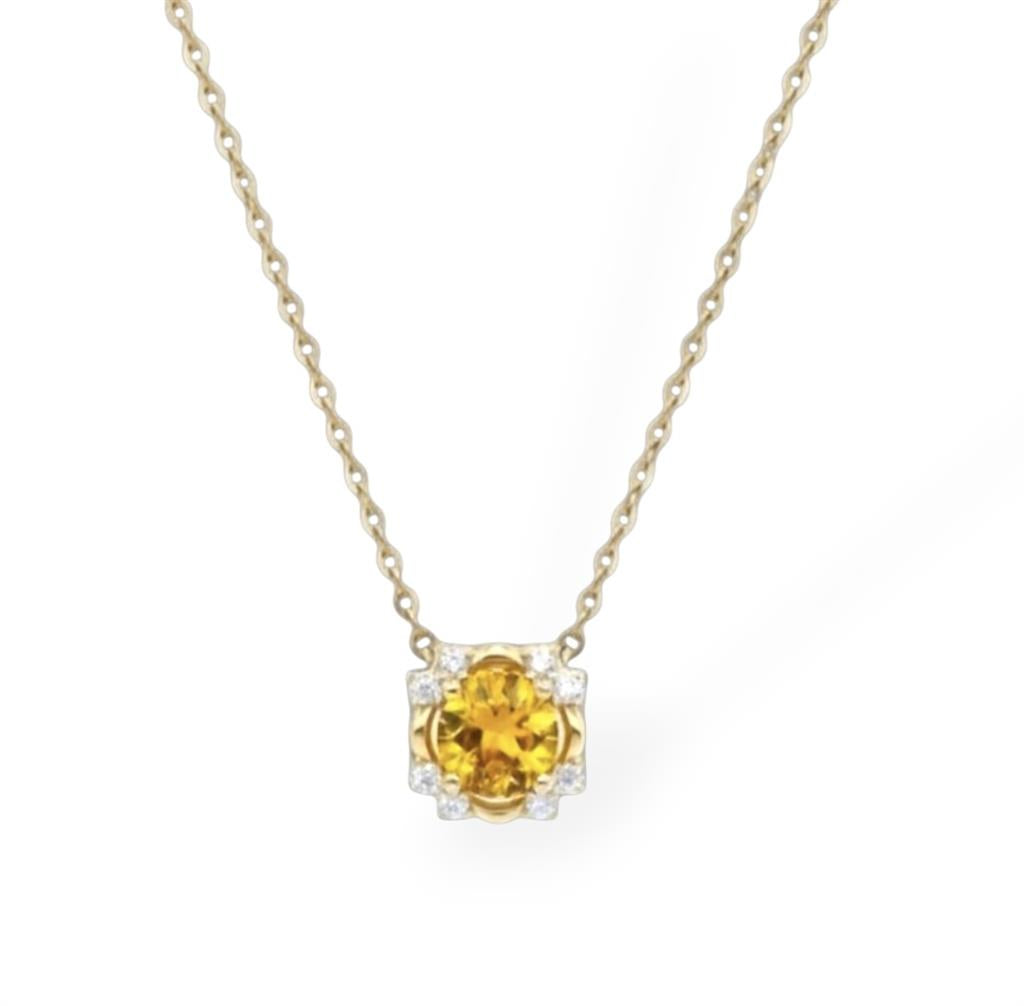14KT Yellow Gold Citrine And Diamond Halo Pendant Necklace