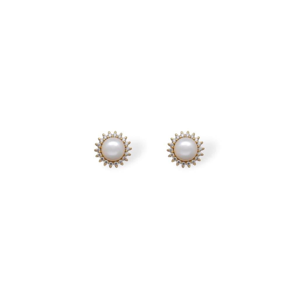 14KT Yellow Gold Pearl And Diamond Halo Stud Earrings