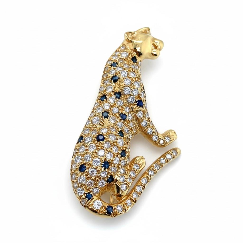 18K Yellow Gold Diamond & Blue Sapphire Cheetah Brooch