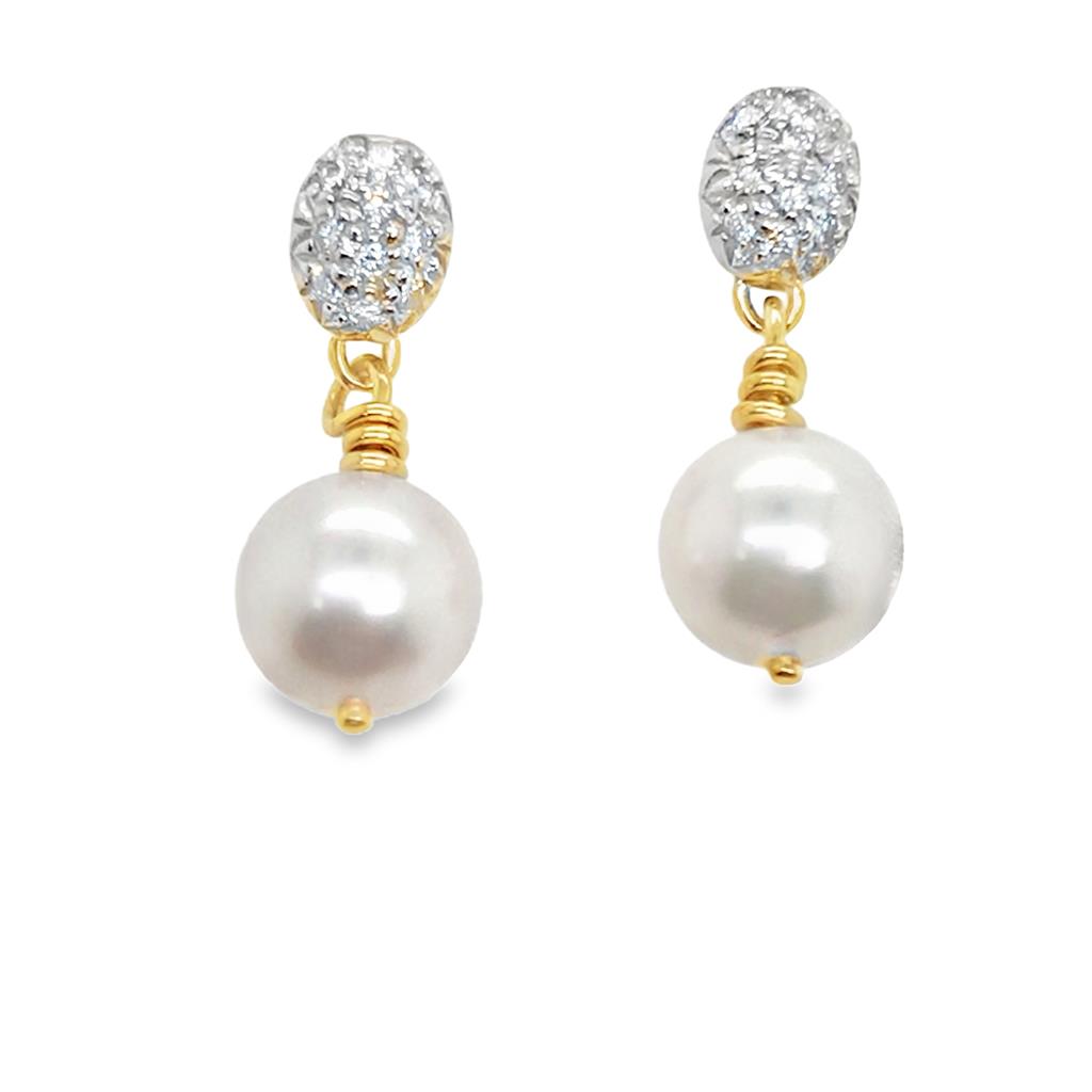 18kt Two-Tone Pavé Diamond & Pearl Dangle Earrings – 7.1mm Cultured Pearls