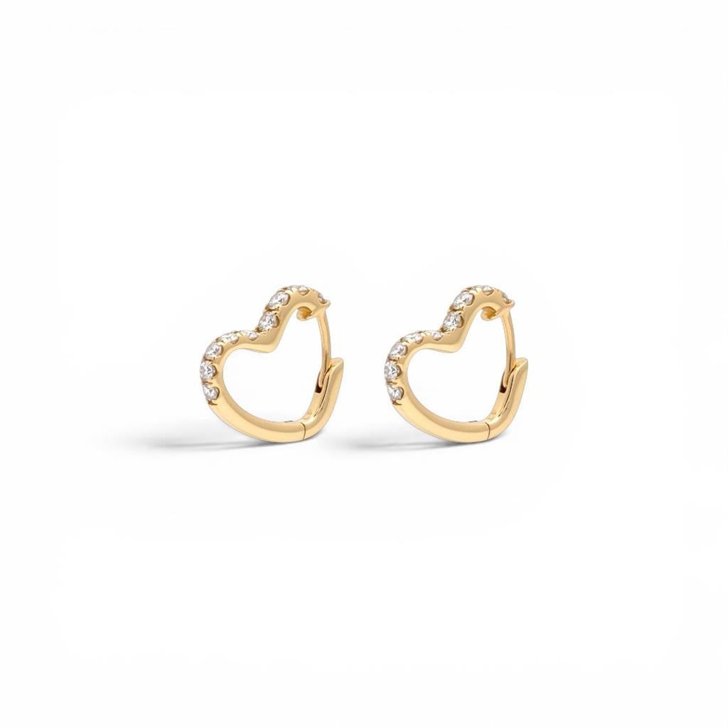 18K Yellow Gold Diamond Heart Huggie Hoop Earrings