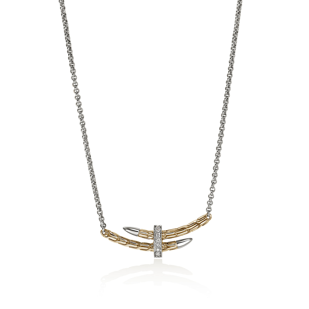 Sterling Silver & 14kt Yellow Gold Spear Pavé Diamond Station Necklace NZZP989582DIX16-18