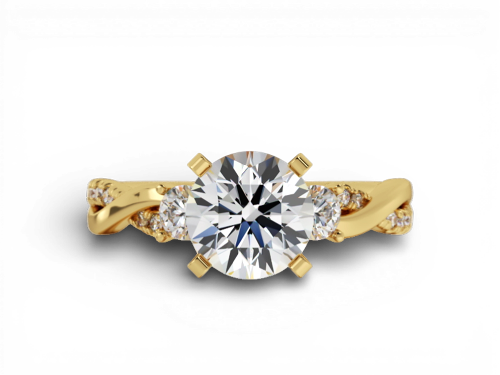 14kt Yellow Gold 3-Stone Twist Diamond Engagement Ring – 0.70ct Center