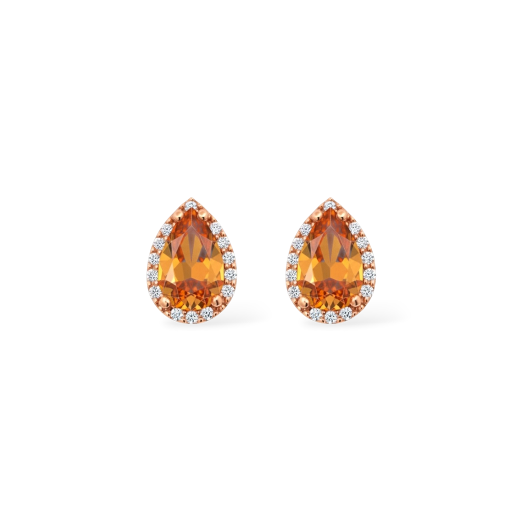 14K Rose Gold Pear-Shaped Imperial Topaz and Diamond Halo Stud Earrings