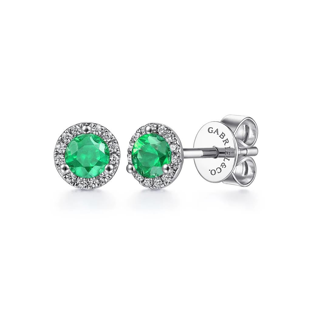 14 Kt White Gold Emerald & Diamond Halo Stud Earrings