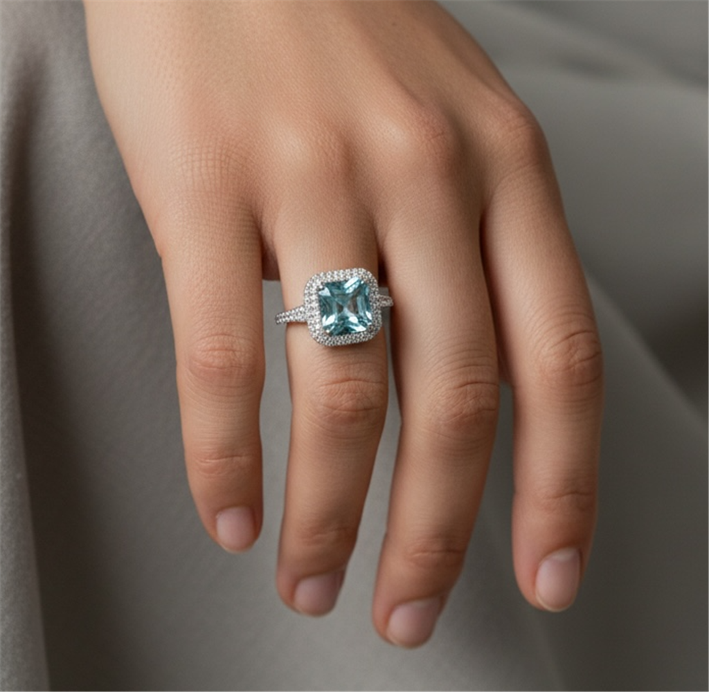 18K White Gold Aquamarine & Diamond Double Halo Ring