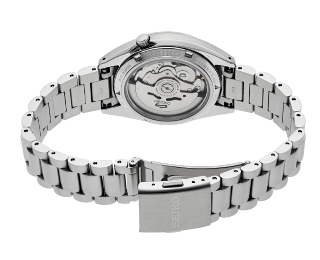 Seiko 5 Sports Stainless Steel Blue Index Dial Watch - back side view