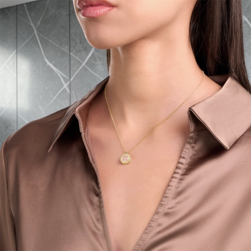 18KT Yellow Gold Venetian Medallion Pink Opal And Diamond Necklace