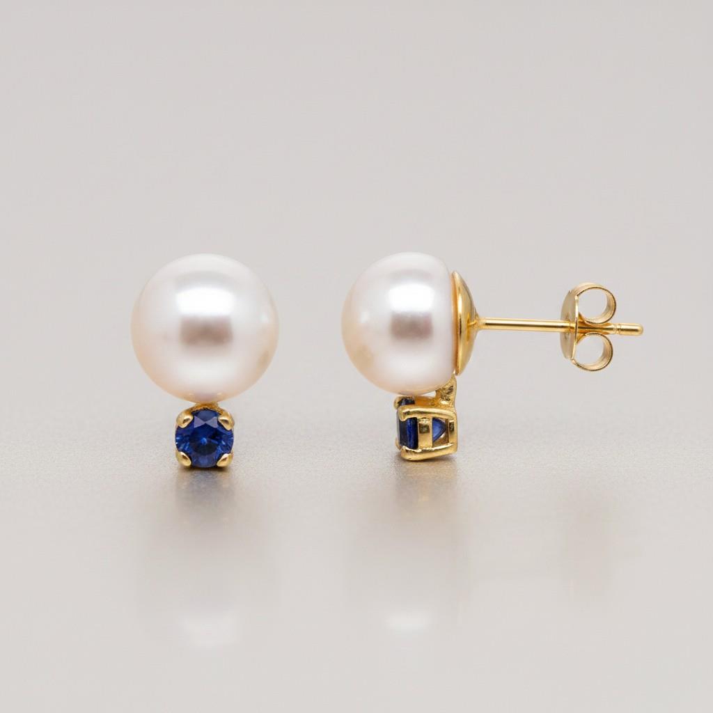14KT Yellow Gold Pearl & Sapphire Stud Earrings