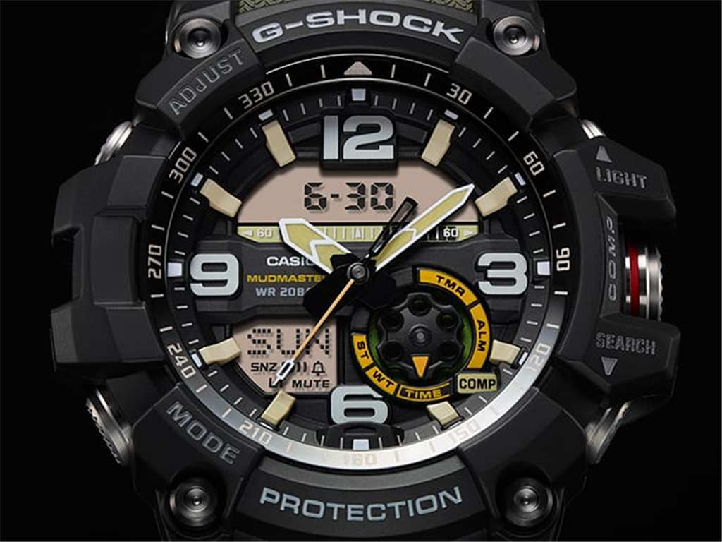 G-Shock Master of G Mudmaster Stainless Steel/Black Resin Watch with Green Strap