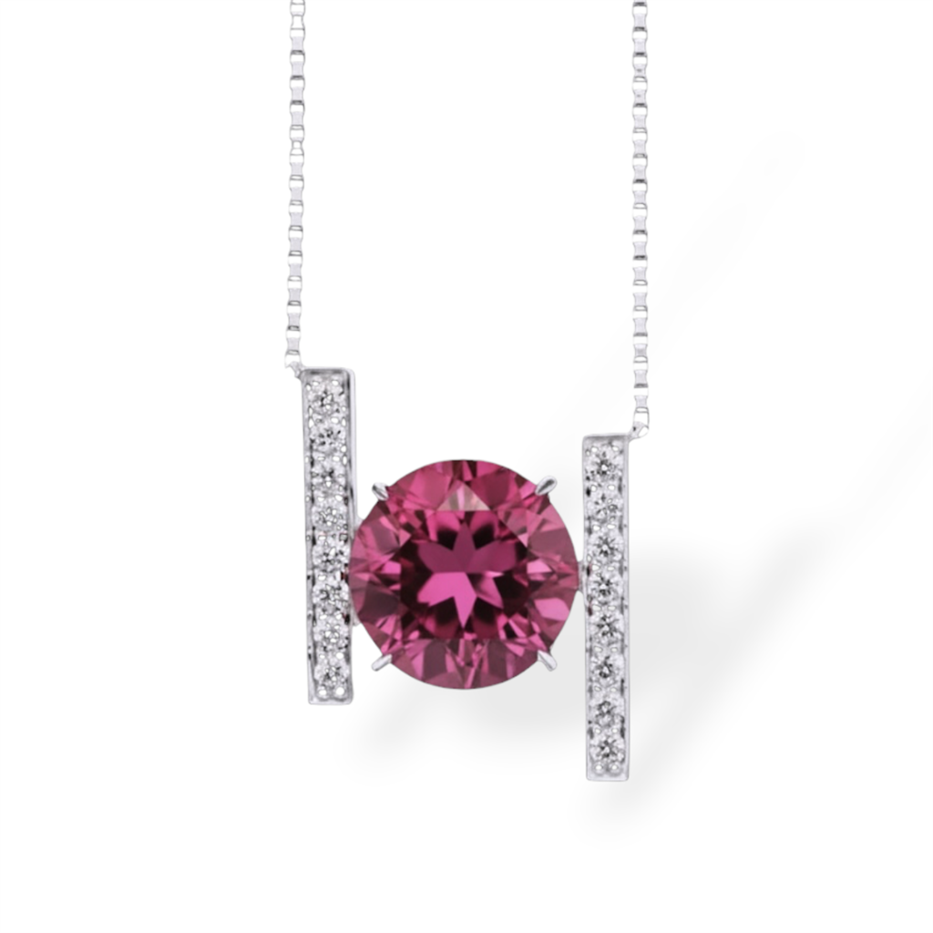 14KT White Gold Diamond And Pink Tourmaline Necklace