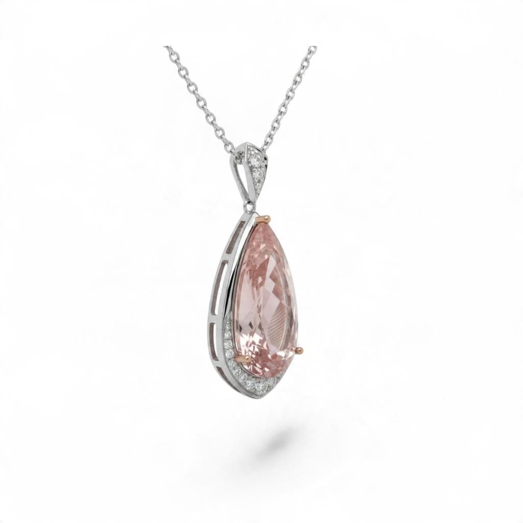 14KT White & Rose Gold 7.24ct Pear Morganite and Diamond Half Halo Pendant