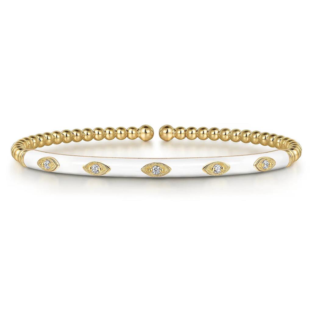 14K Yellow Gold Bujukan Beads and Diamond Split Bangle with White Enamel