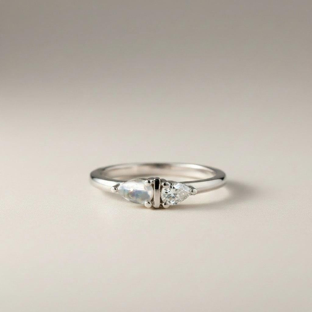 14KT White Gold Moonstone & Diamond Two-Stone Pear-Shape Fashion Ring