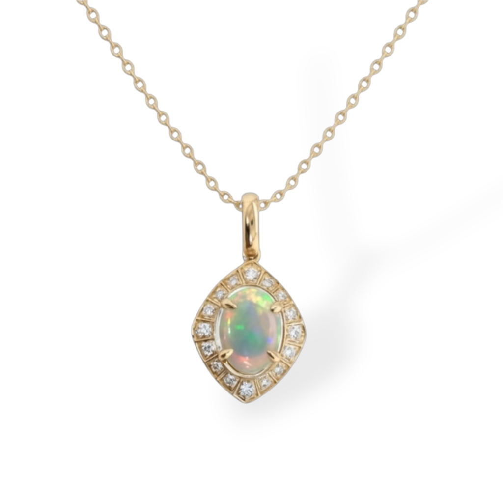 14K Yellow Gold Opal & Diamond Halo Pendant