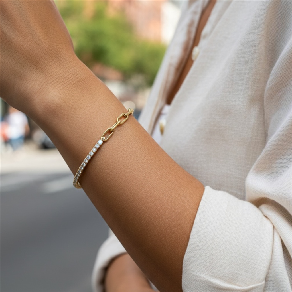 14KT Yellow Gold Half Diamond Tennis Half Paperclip Chain Bracelet