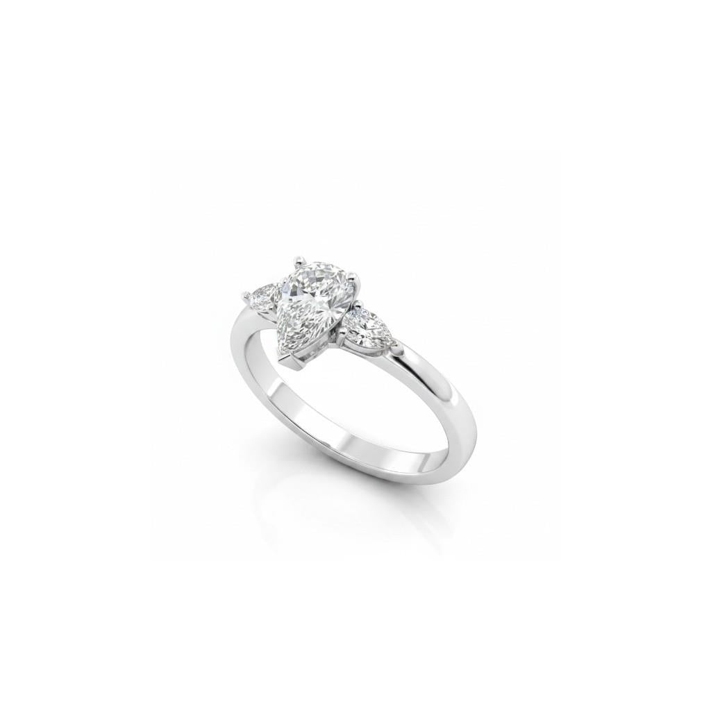 14K White Gold Three Stone Pear Diamond Engagement Ring | 0.96ct