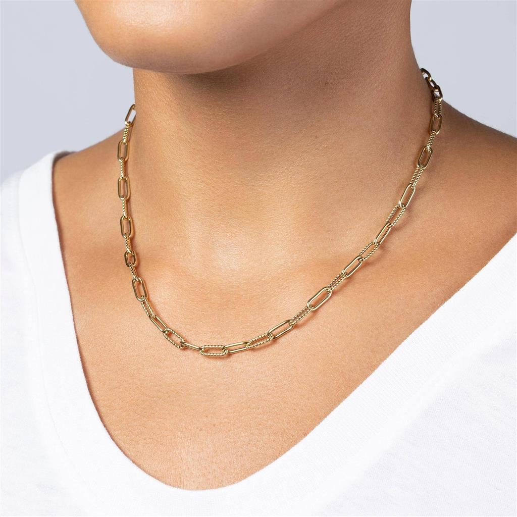 18K Yellow Gold Alternating Polished & Fluted Paperclip Link Chain Necklace 17 in