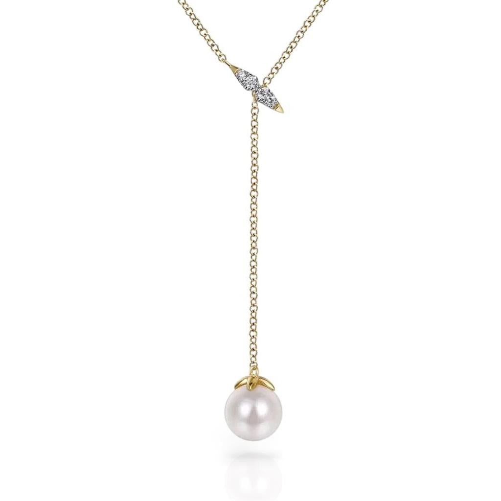 14Kt Yellow Gold Diamond & Pearl Layered Y Necklace