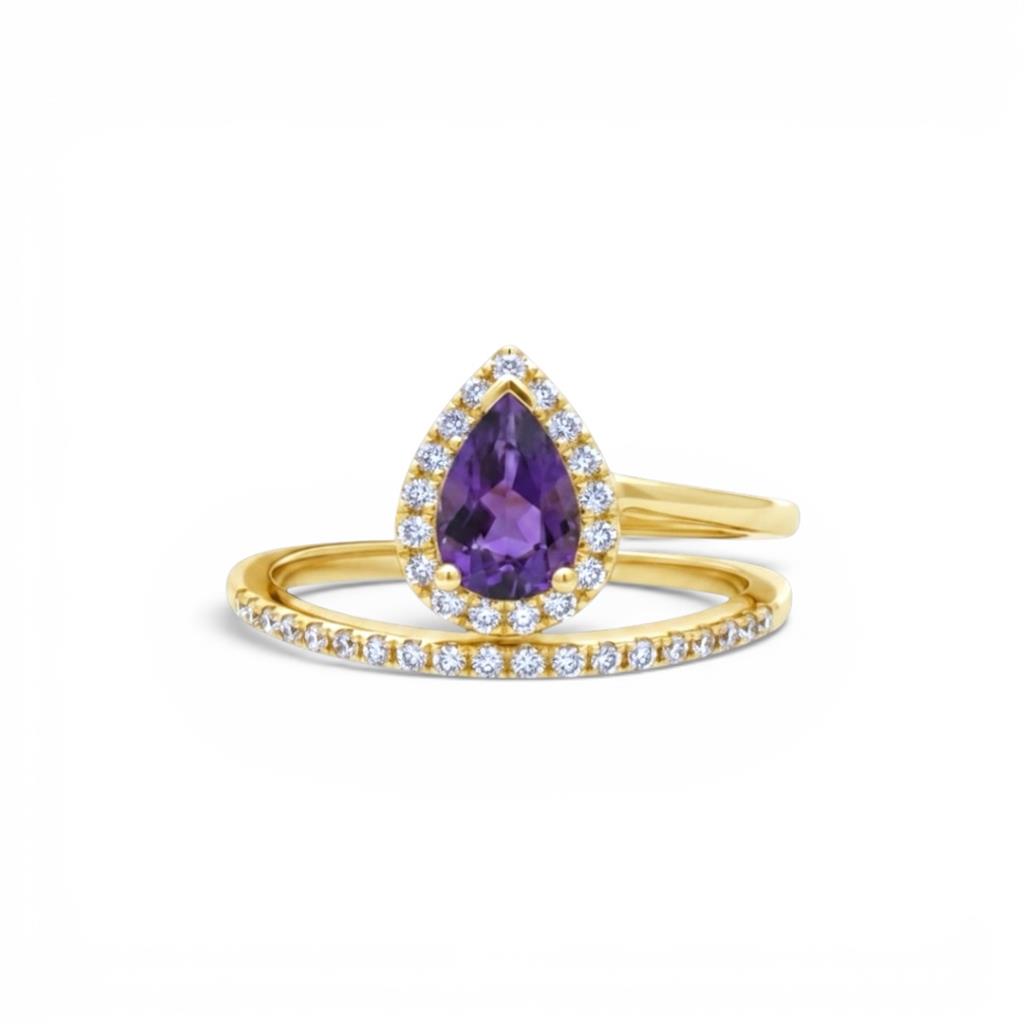 14K Yellow Gold Pear Amethyst & Diamond Halo Ring