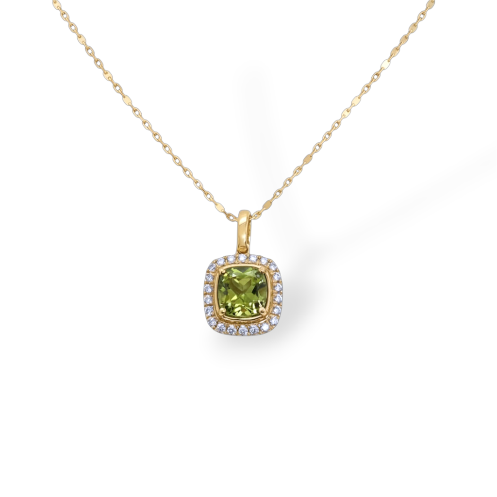 14K Yellow Gold Cushion Halo Peridot Pendant